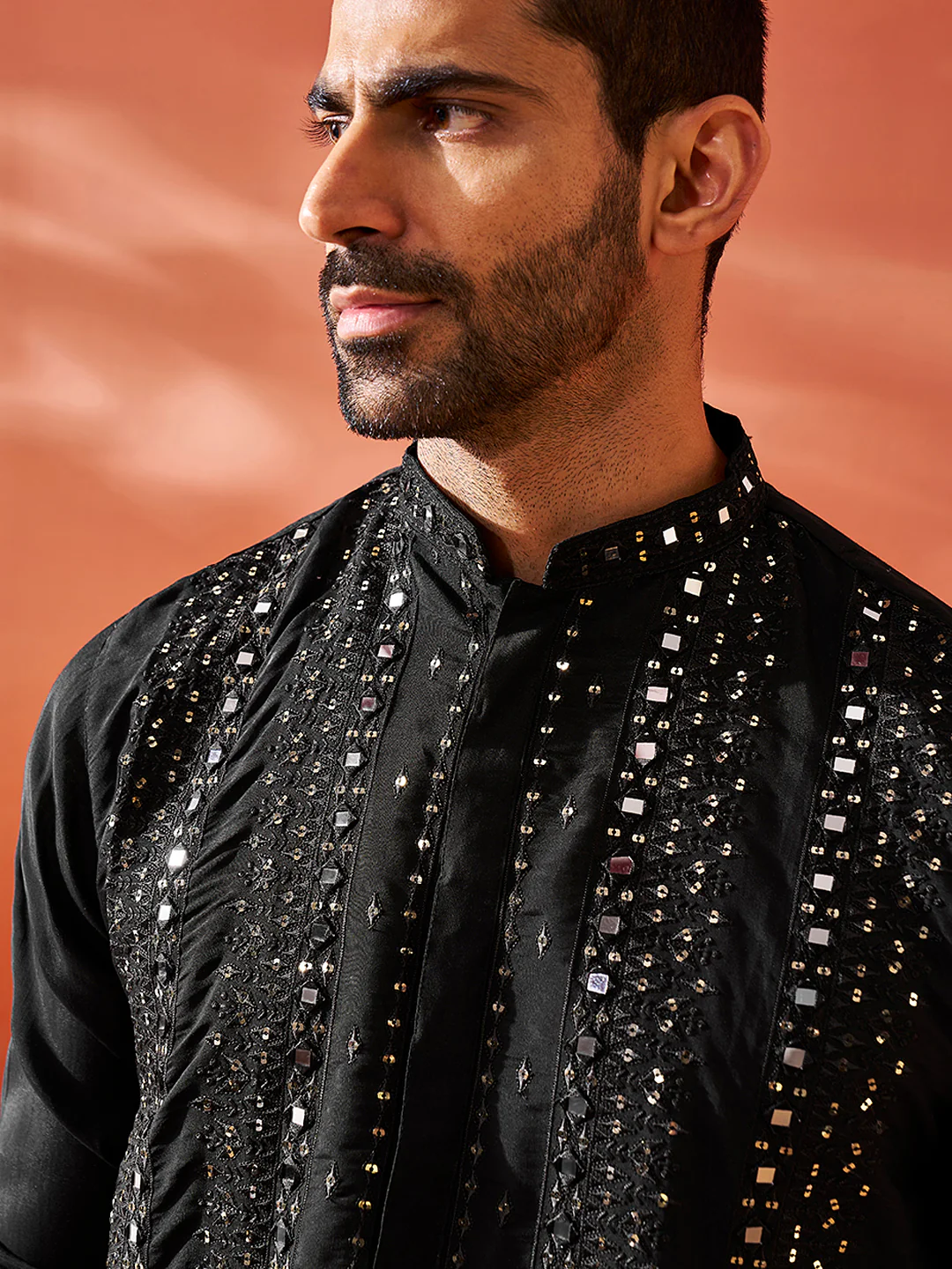 Men's Black Silk Blend Kurta And Pyjama Set. - Image 2