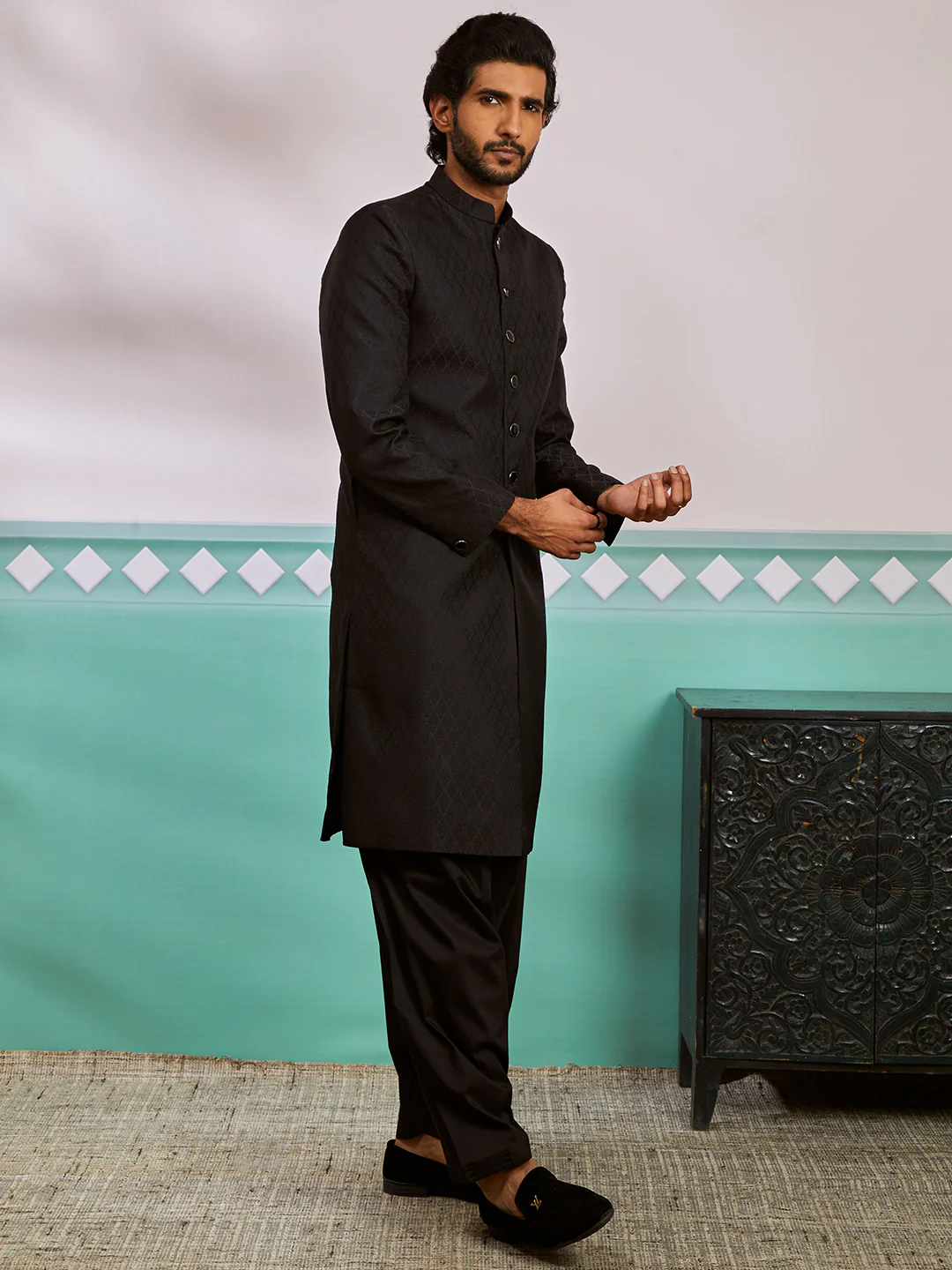 Men's Black Silk Blend Sherwani And Patiala Set - Image 3