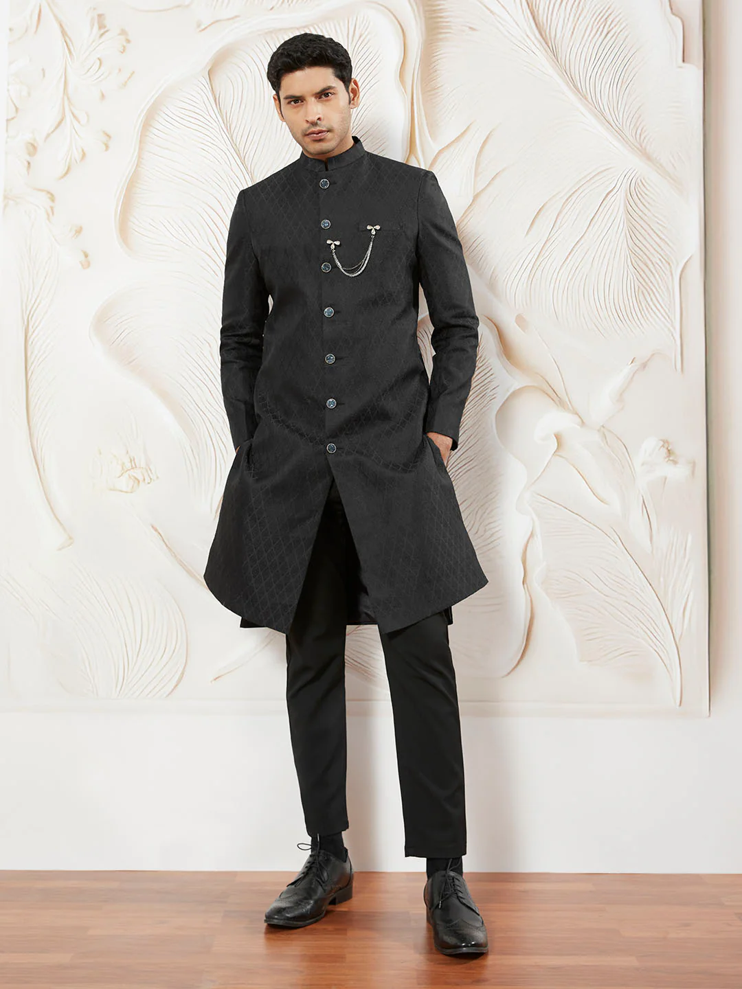 Men's Black Silk Blend Sherwani And Pyjama Set - Image 5