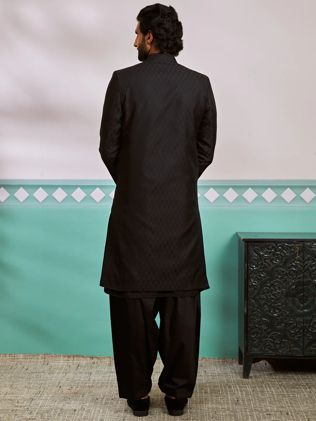 Men's Black Silk Blend Sherwani,Kurta And Patiala Set - Image 5