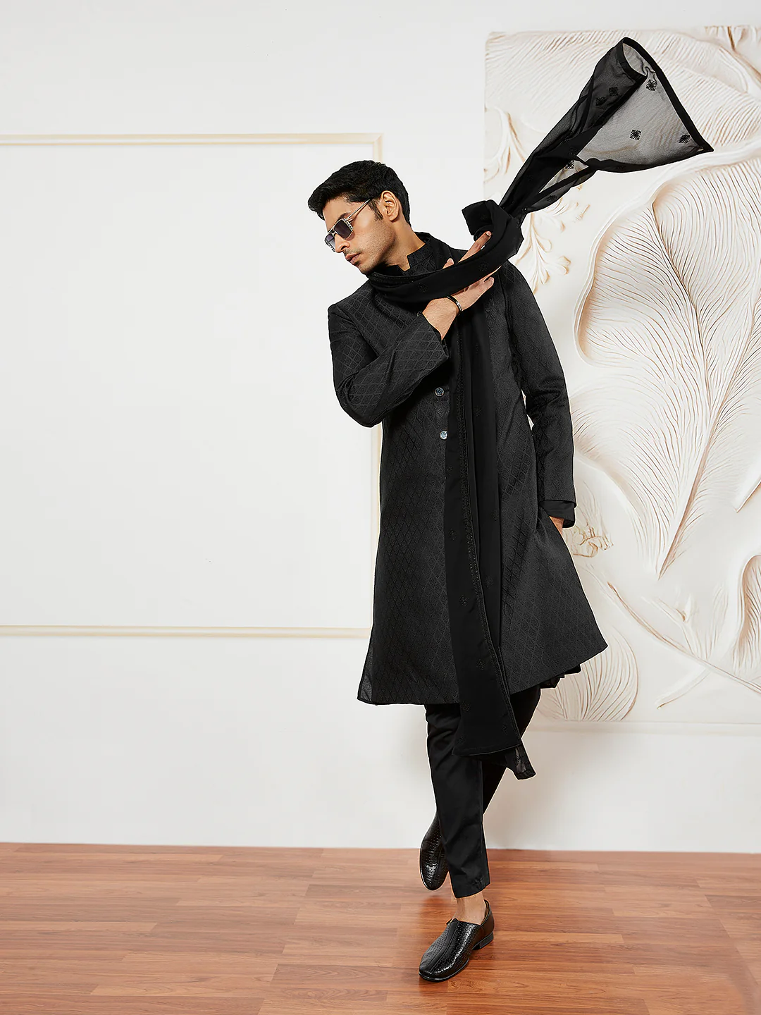 Men's Black Silk Blend Sherwani,Kurta ,Pyjama And Dupatta Set