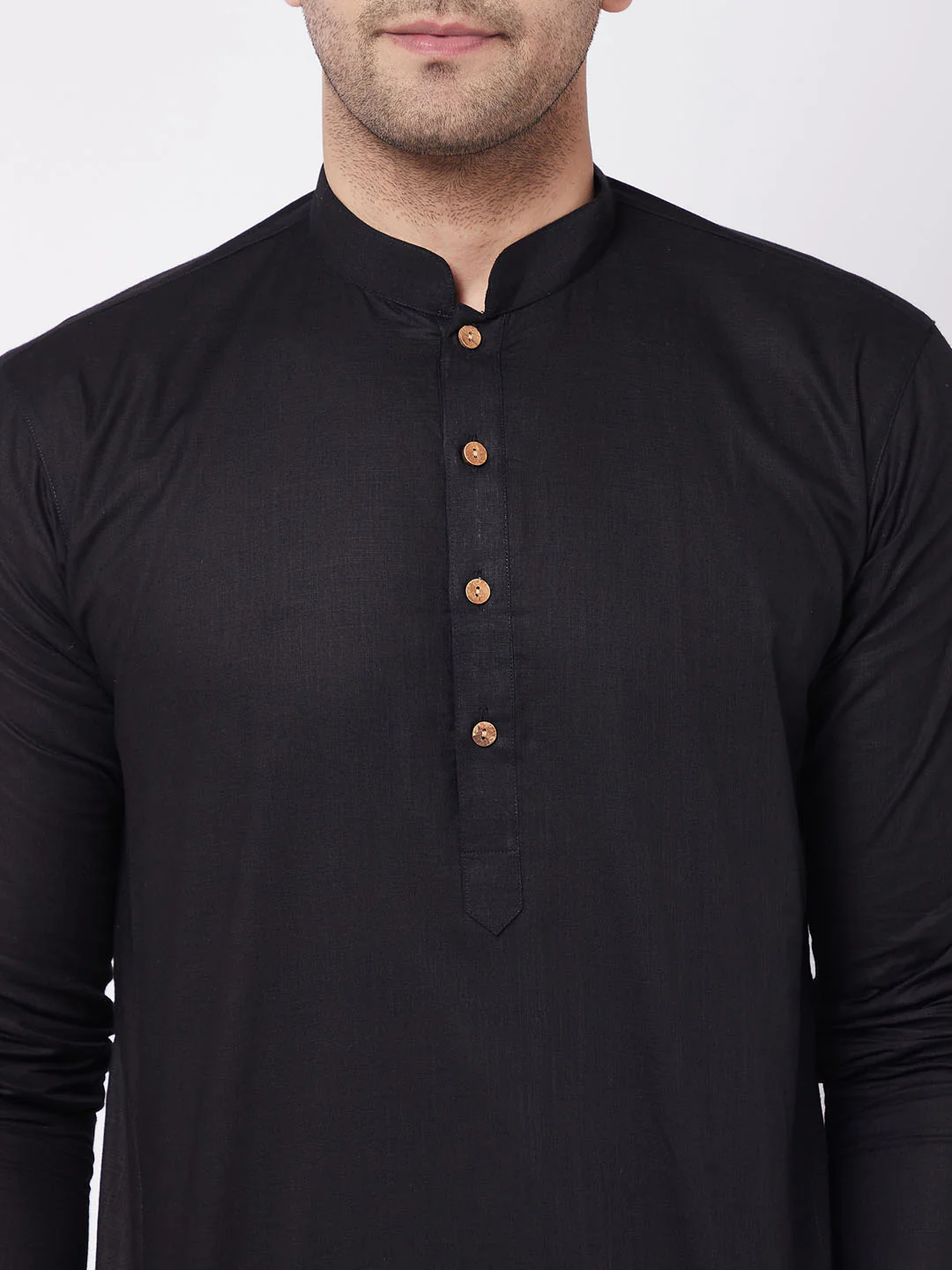 Men's Black Solid Cotton Blend Kurta & White Solid Cotton Pant Set - Image 4