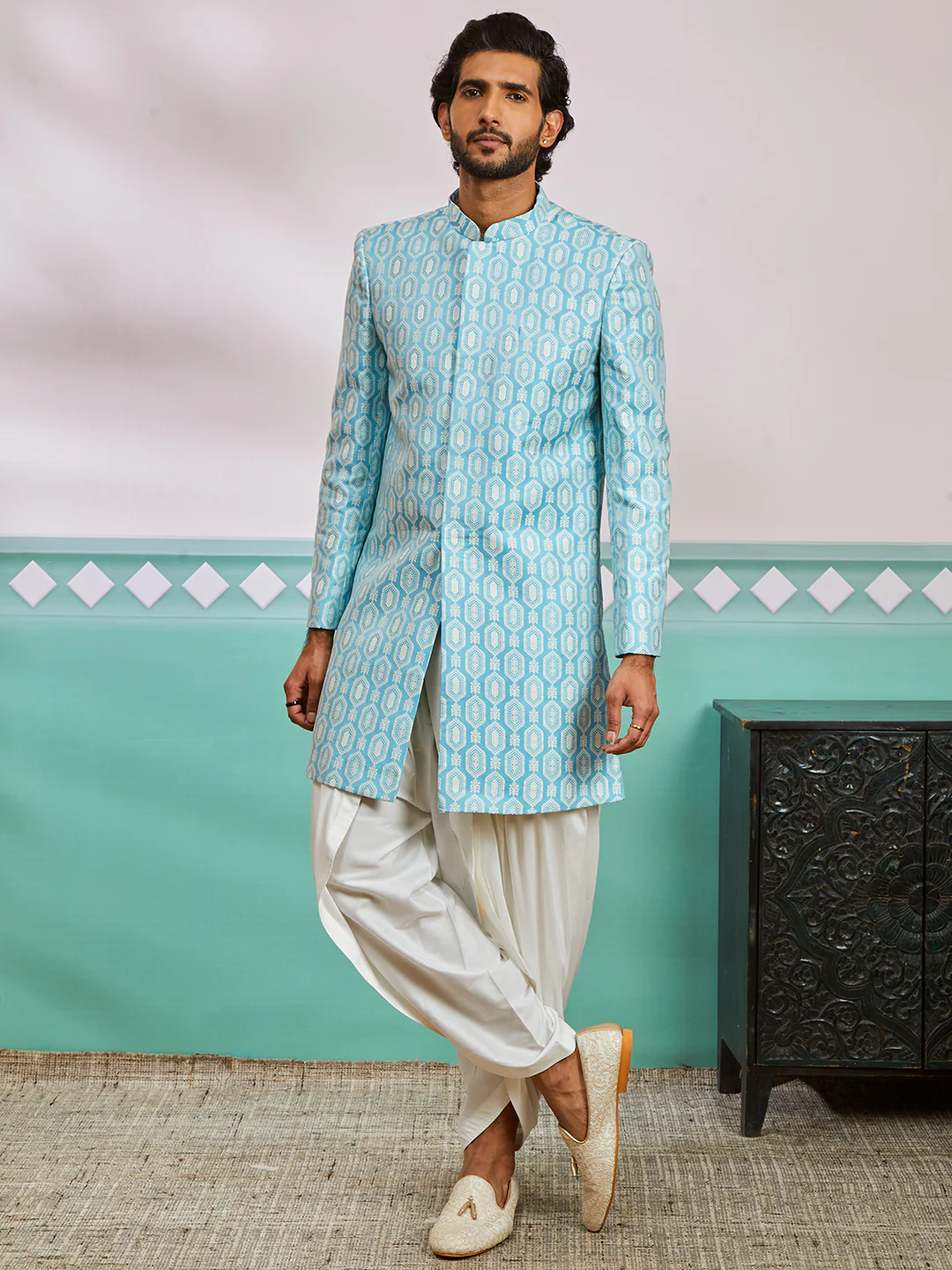 Men's Blue Silk Blend Sherwani Set - Image 2