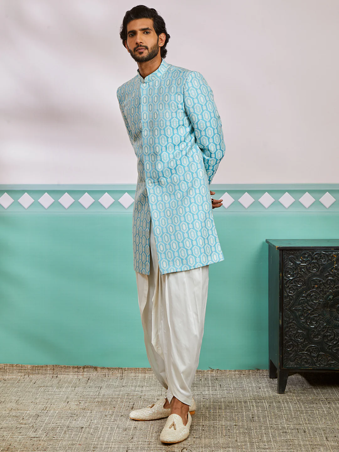 Men's Blue Silk Blend Sherwani Set - Image 4