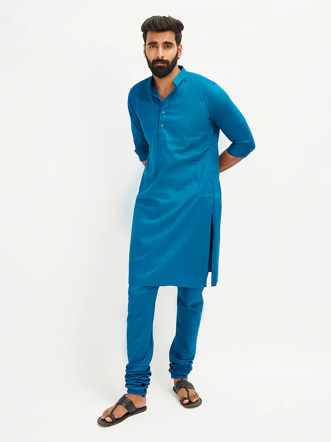 Men's Blue Cotton Blend Kurta Pyjama Set - Image 6