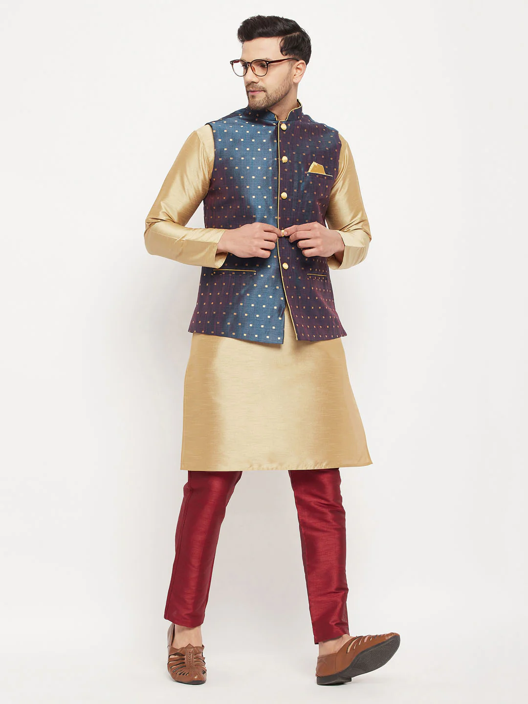 Men's Blue Zari Weaved Jacket With Kurta Pant Set - Image 7