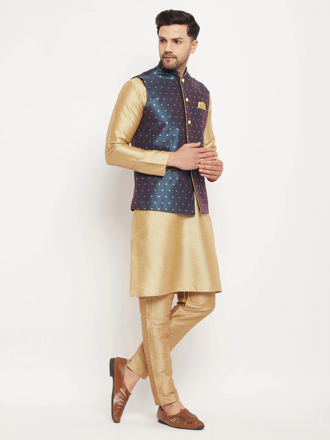 Men's Blue Zari Weaved Jacket With Kurta Pant Set - Image 2