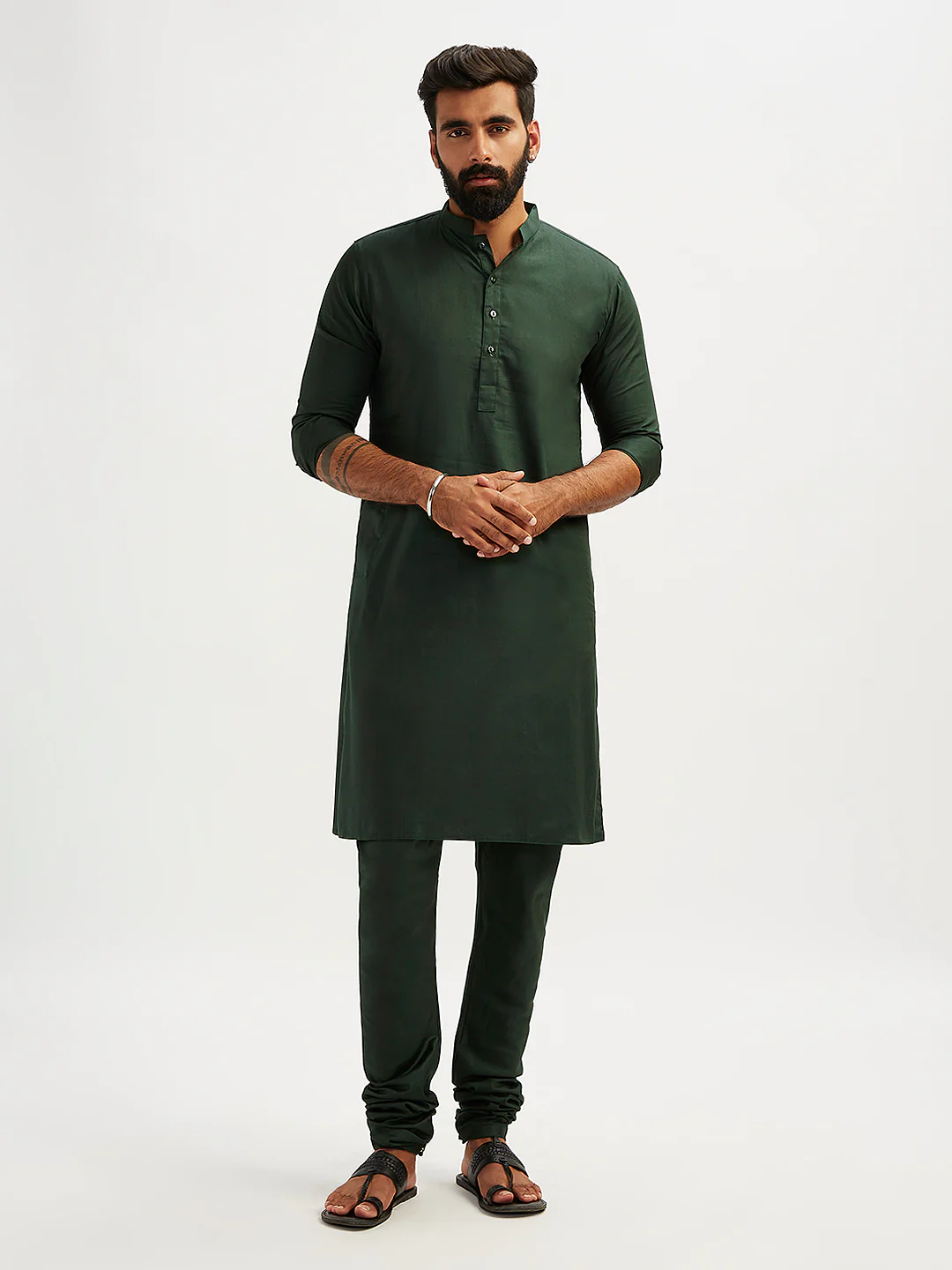 Men's Bottle Green Cotton Blend Kurta Pyjama Set - Image 2