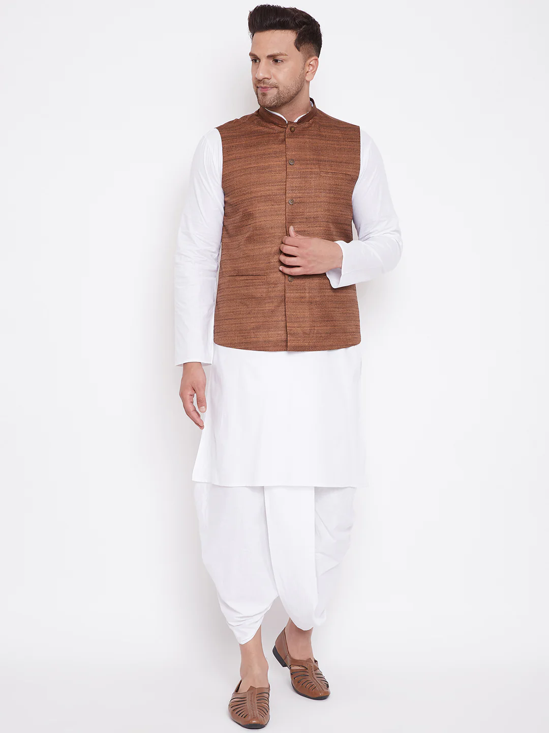 Men's Coffee Brown And White Cotton Blend Jacket, Kurta And Dhoti Set