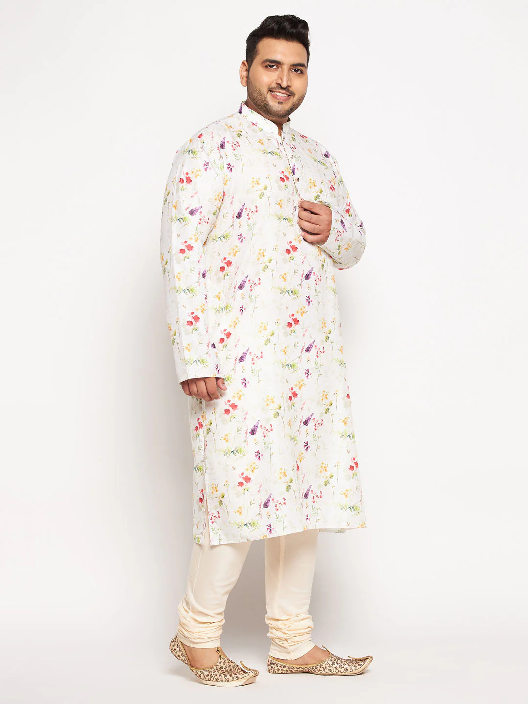 Men's Plus Size Cream Cotton Blend Printed Kurta And Solid Pyjama Set - Image 6