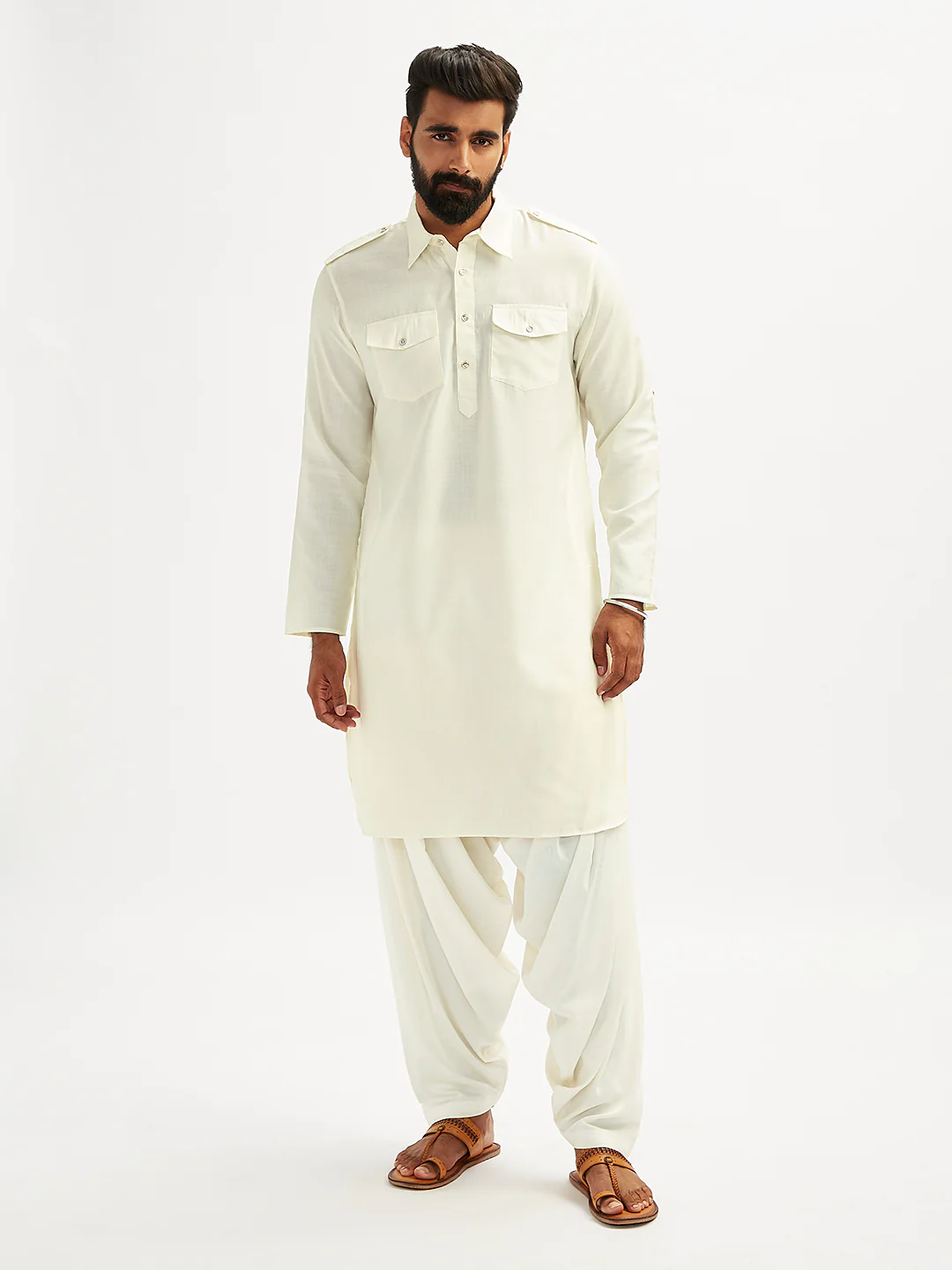 Men's Cream Cotton Blend Pathani Kurta Set - Image 2