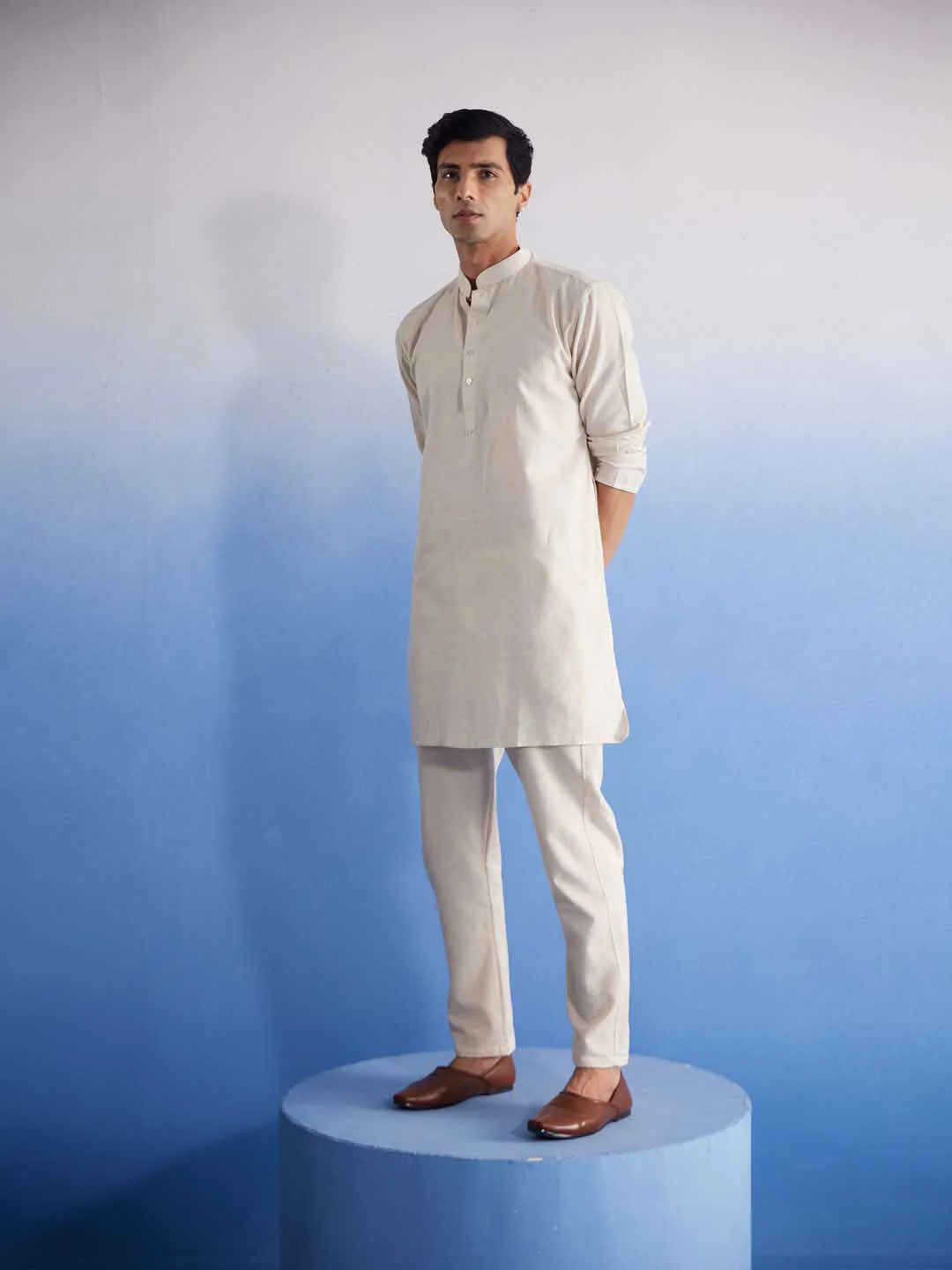 Men's Cream Cotton Kurta With Cream Pant Set - Image 2