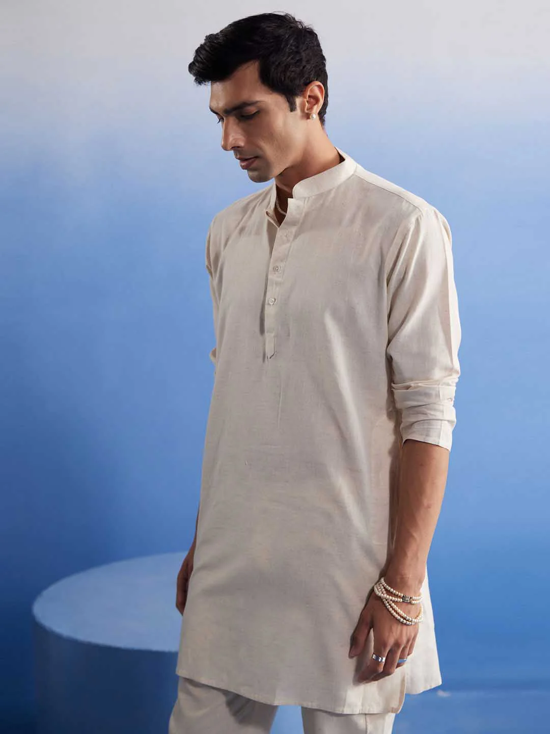 Men's Cream Cotton Kurta With Cream Pant Set - Image 6