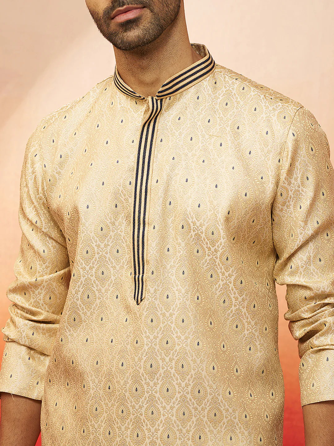Men's Cream Embroidered Kurta with Navy Blue Churidar - Image 2