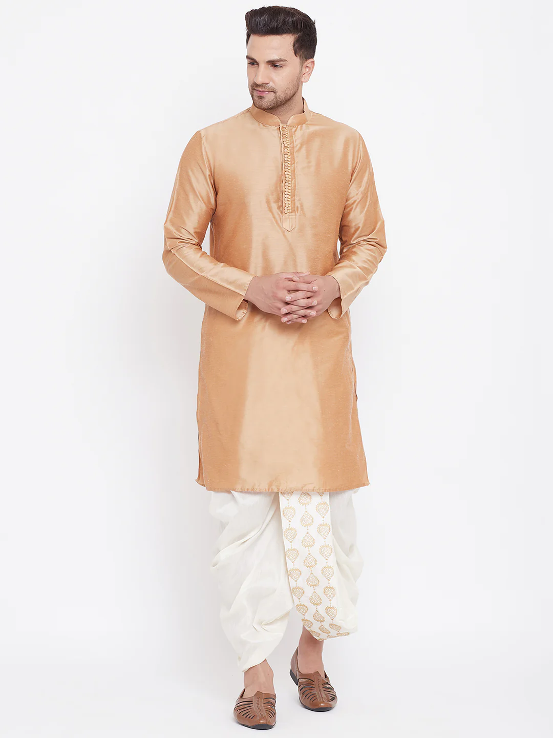 Men's Cream Silk Blend Embroidered Dhoti - Image 5