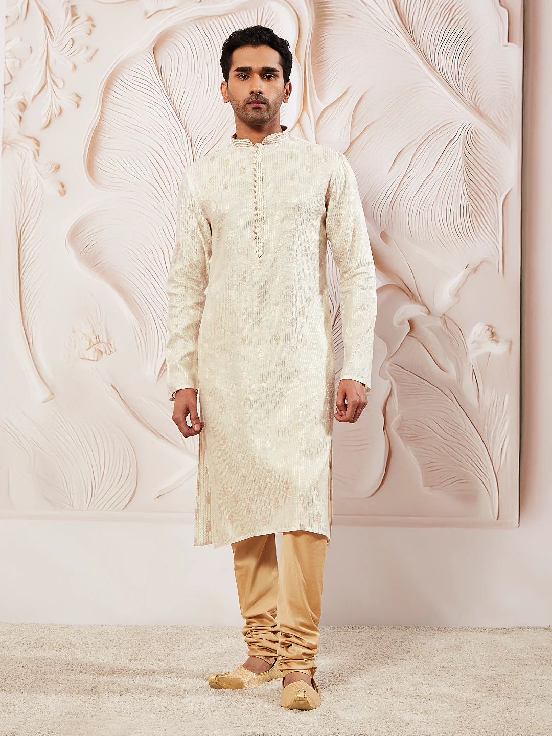 Men's Cream Silk Blend Kurta Pyjama Set - Image 3