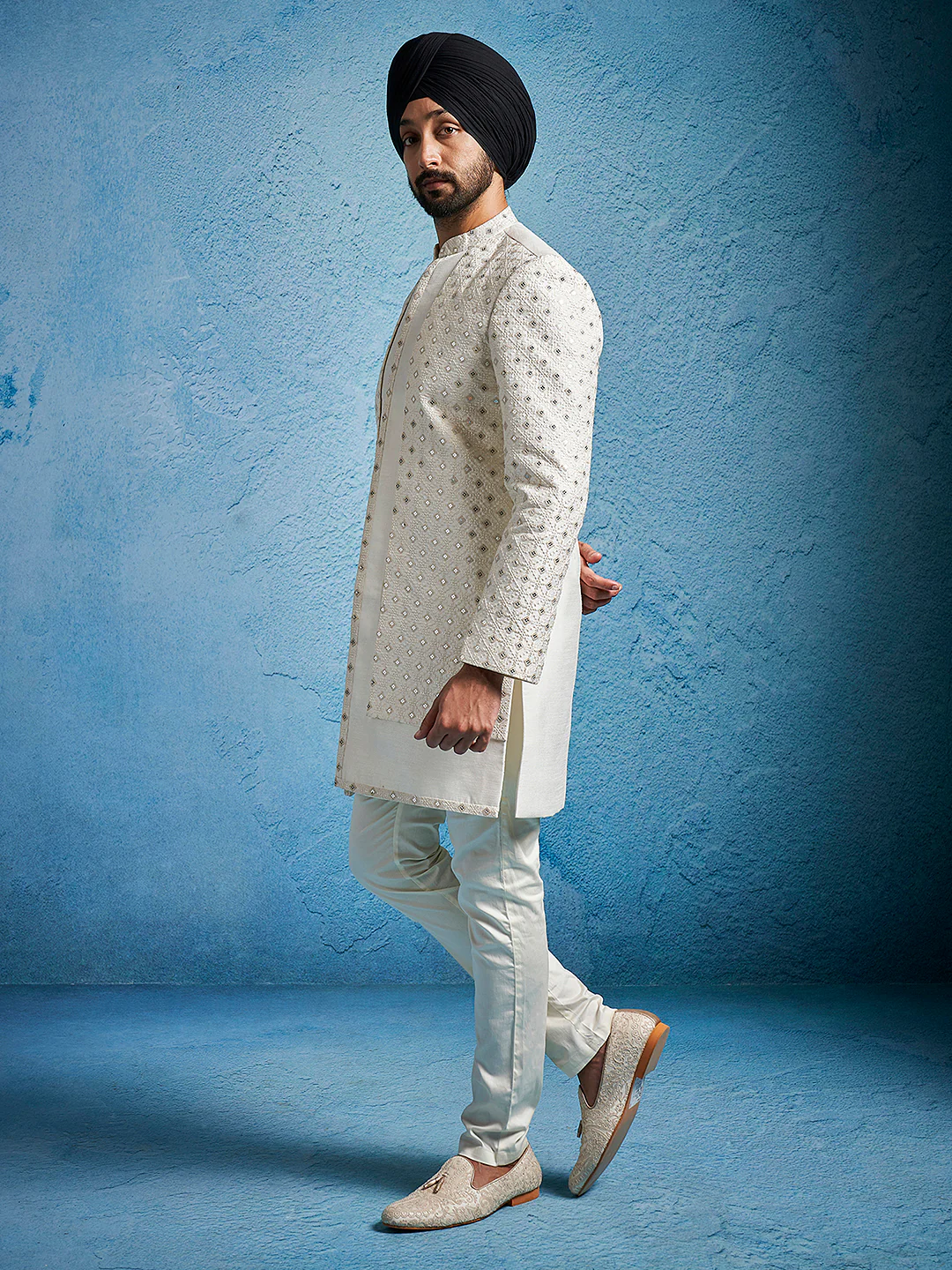 Men's Cream Silk Blend Sherwani Set - Image 4