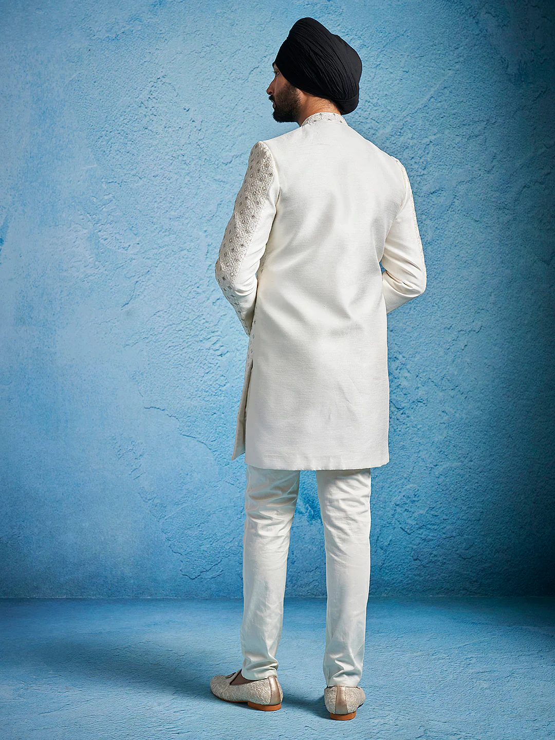 Men's Cream Silk Blend Sherwani Set - Image 5