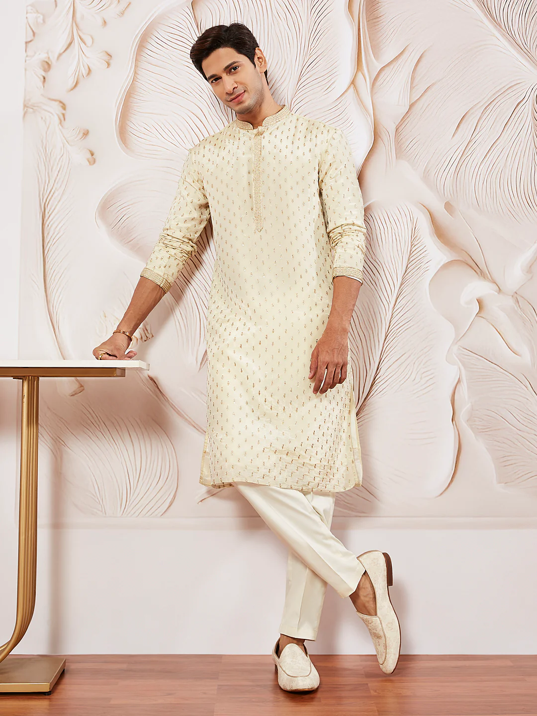 Men's Cream Tissue Silk Kurta - Image 5