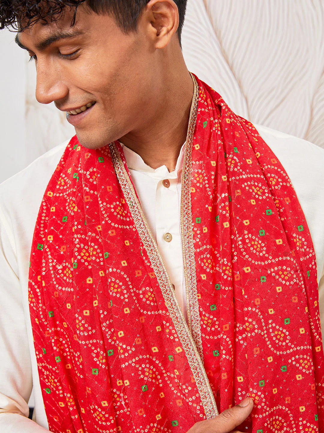 Men's Cream Viscose Kurta, Pant And Dupatta Set - Image 3