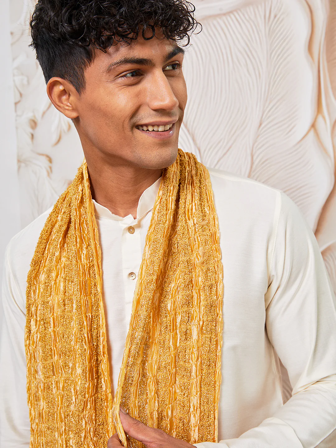 Men's Cream Viscose Kurta, Pant And Dupatta Set - Image 2