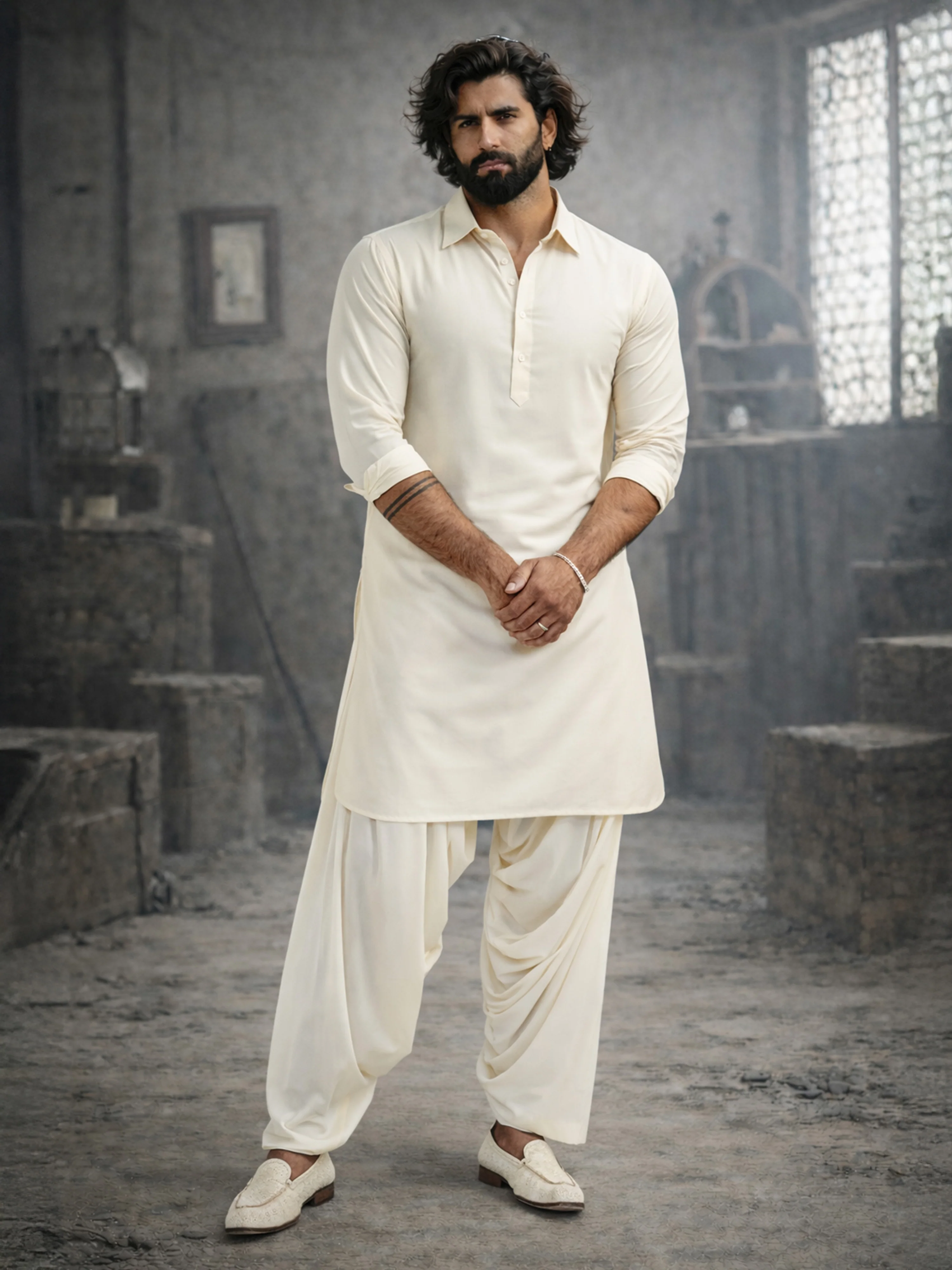 Men's Cream Viscose Pathani Kurta Set - Image 2