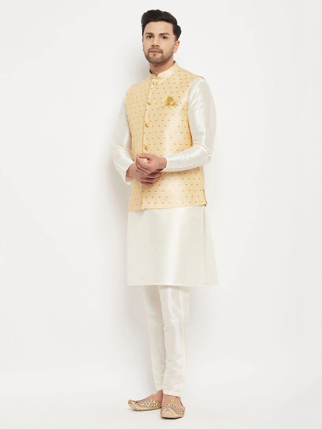 Men's Gold Zari Weaved Jacket With Kurta Pant Set - Image 7