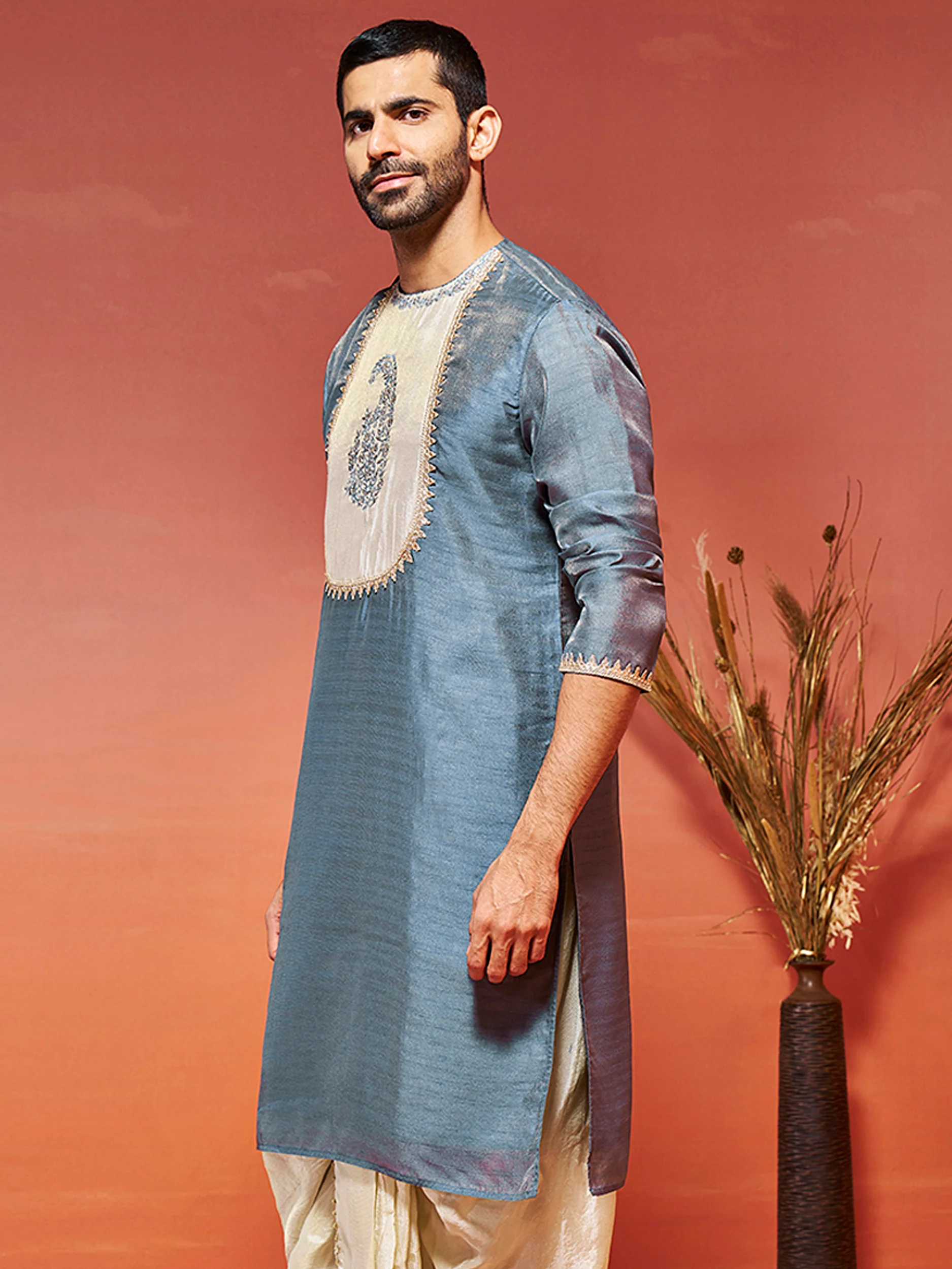 Men's Gray Silk Blend Kurta - Image 4
