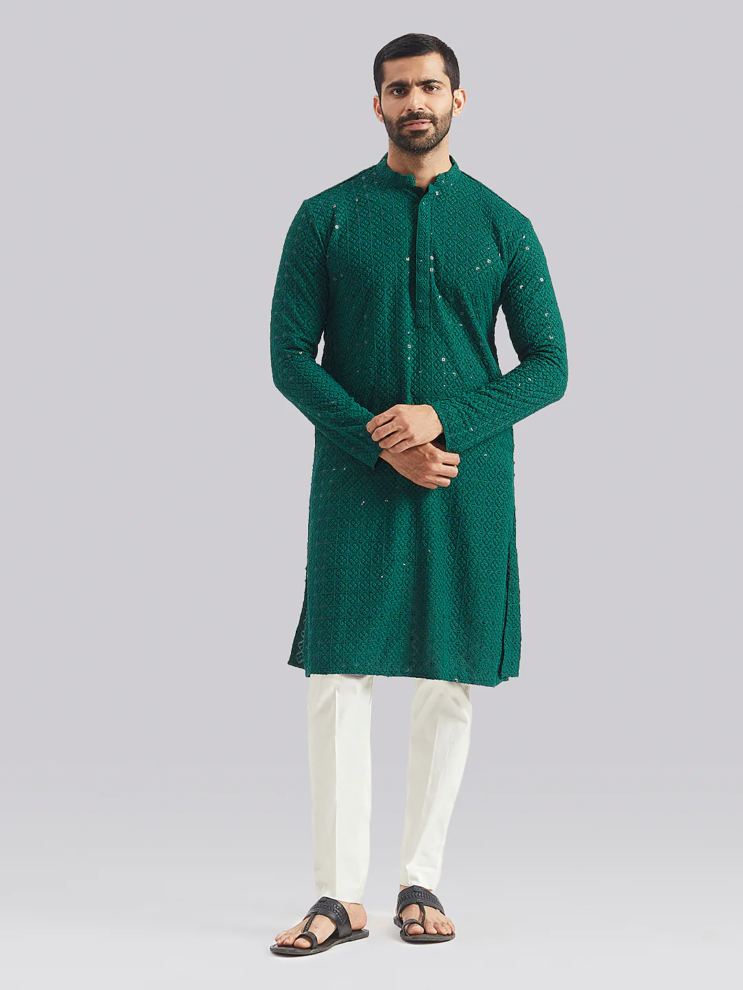 Men's Green And White Rayon Cotton Kurta Pyjama Set - Image 2