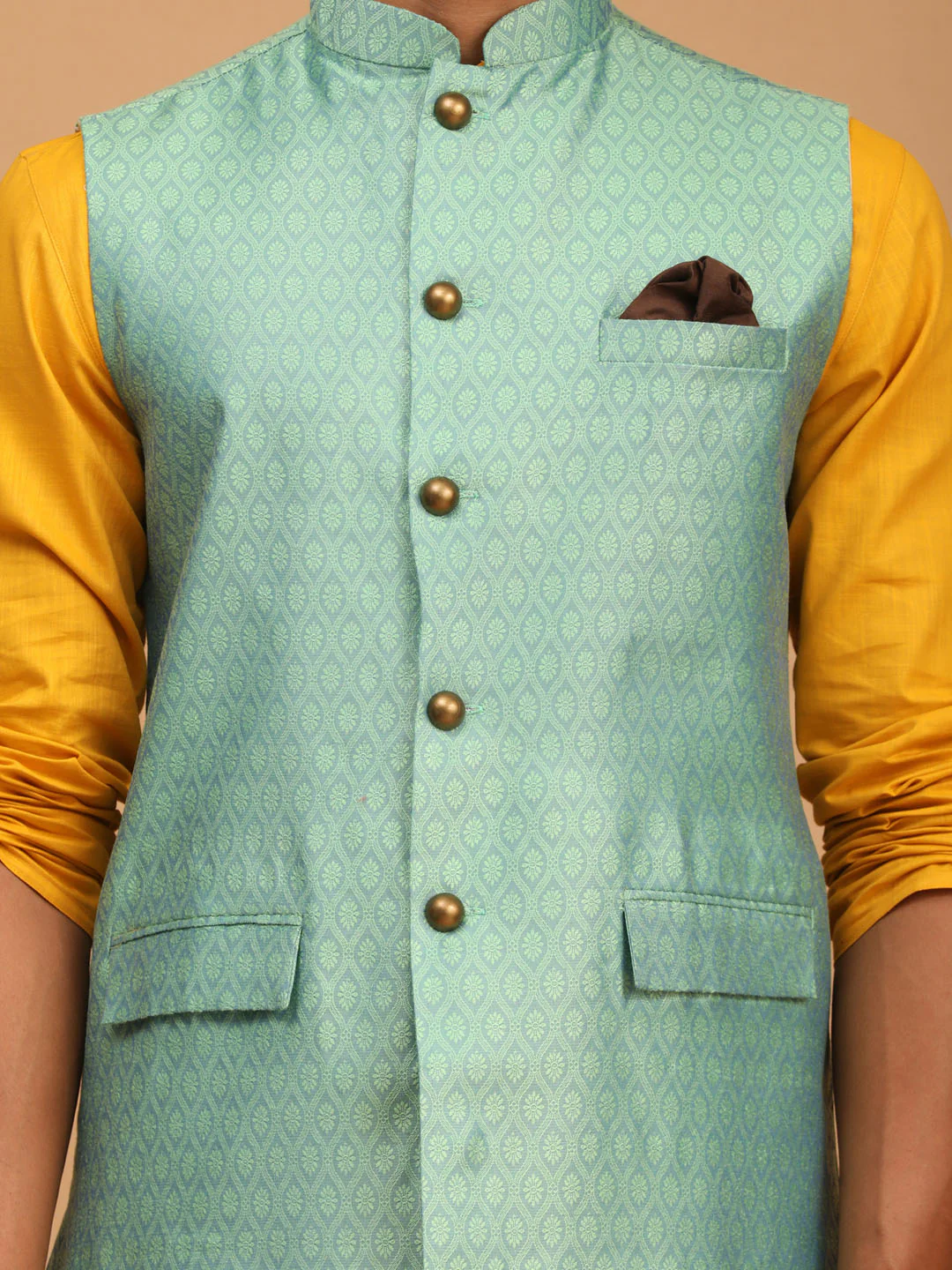 Men's Green Jacquard Nehru Jacket With Kurta Pyjama Set - Image 4
