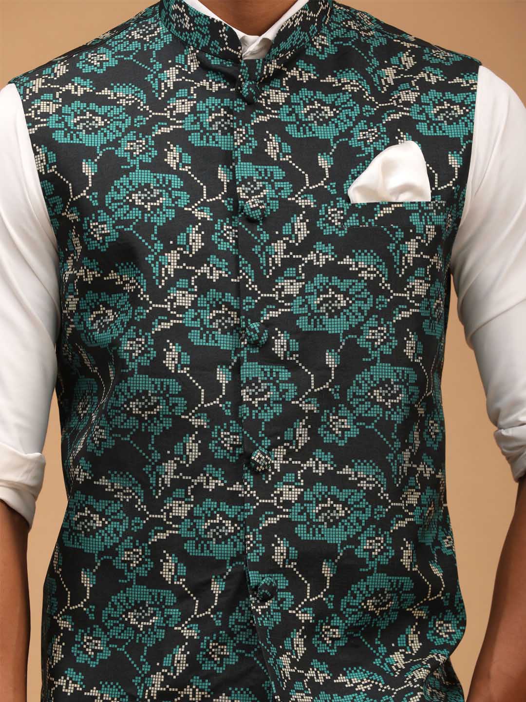 Men's Green Printed Nehru Jacket - Image 4