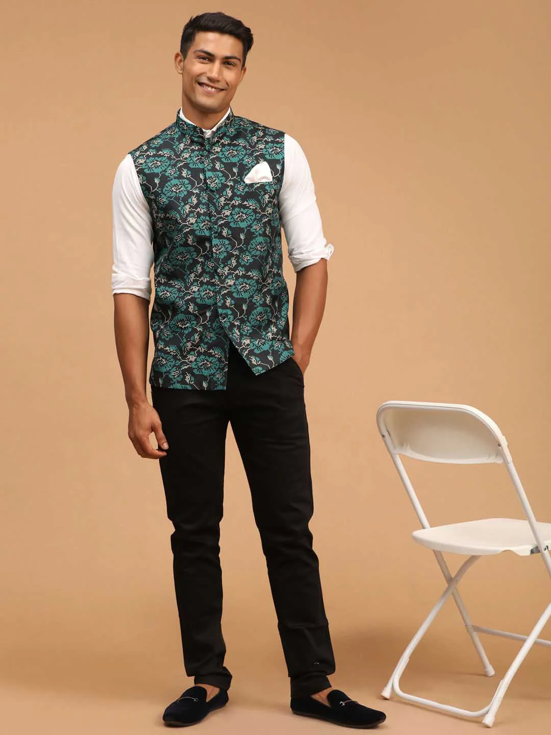Men's Green Printed Nehru Jacket - Image 5