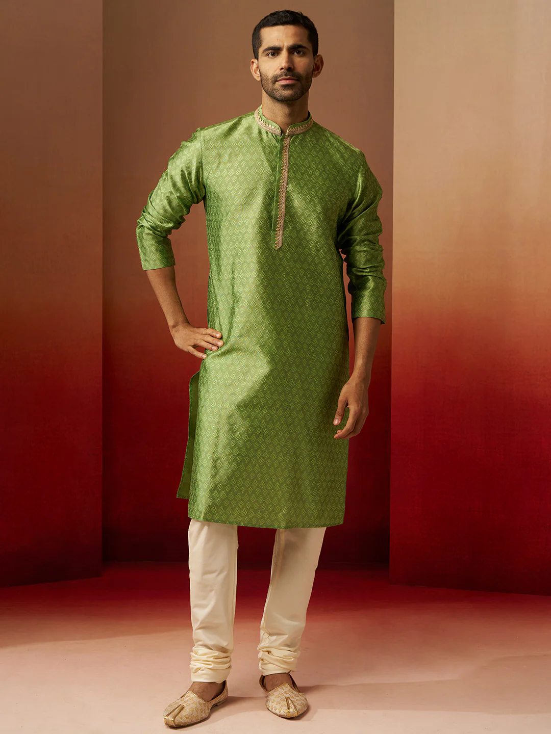 Men's Green Jacquard Kurta with Cream Churidar Set - Image 3