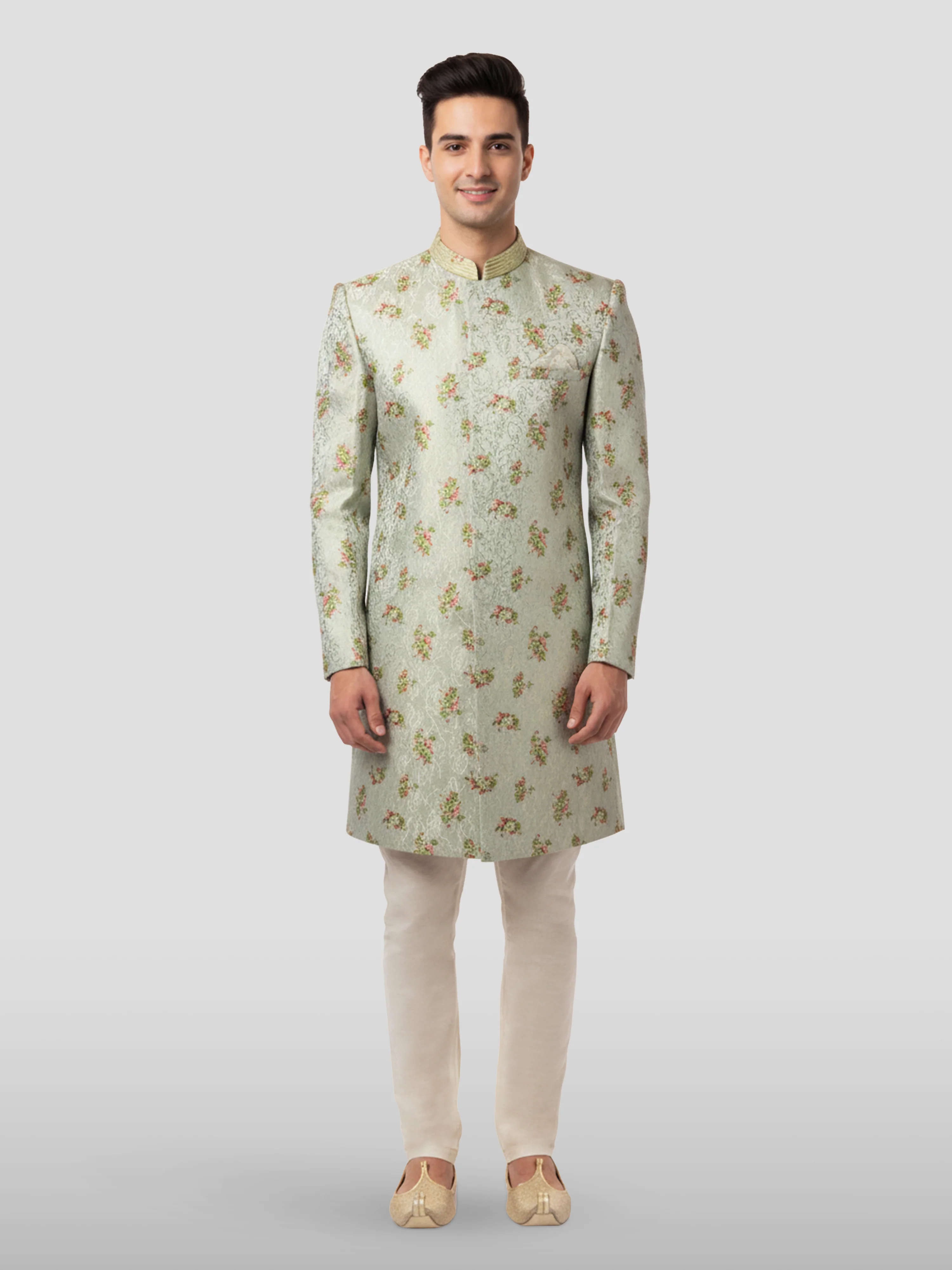 Vastramay Men's Green Jacquard Sherwani with Cream Pyjama - Image 3