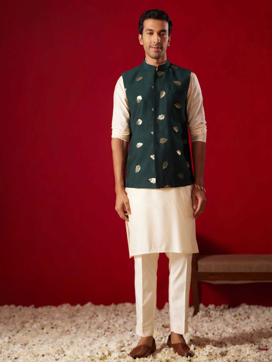 Men's Green Leaf Motif Embellished Jacket Kurta Pant Set