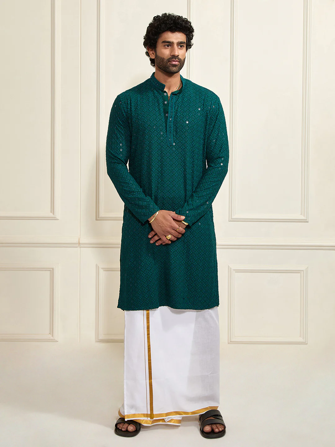 Men's Green Rayon Cotton Kurta And Mundu Set - Image 7