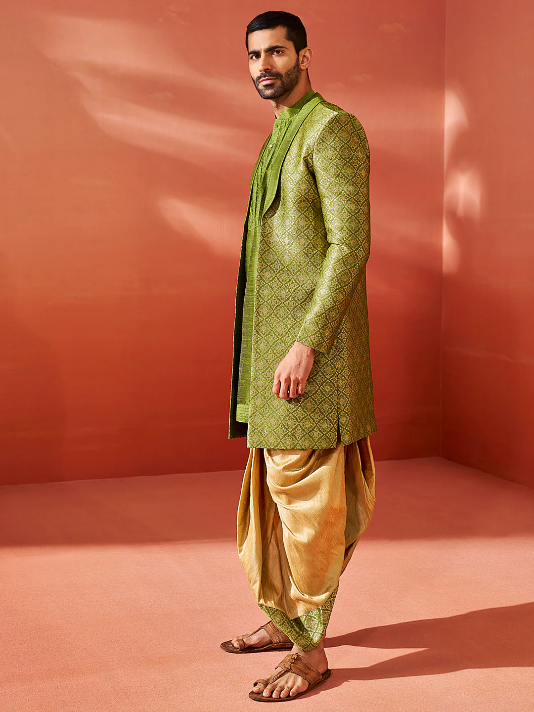 Men's Green Silk Blend Sherwani Set - Image 4