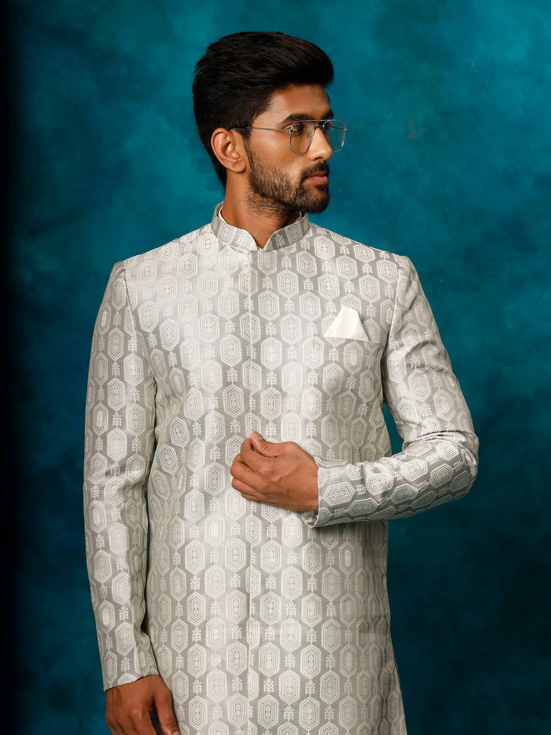 Men's Grey Imported Jacquard Indo With Kurta Pyjama Set - Image 4