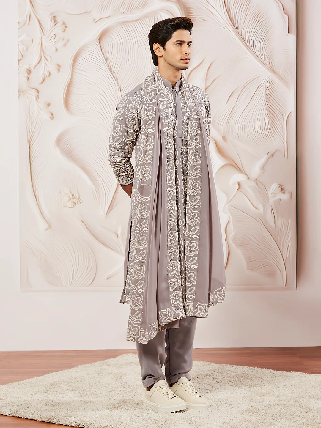Men's Levender Georgette Kurta Patiala And Dupatta Set. - Image 5