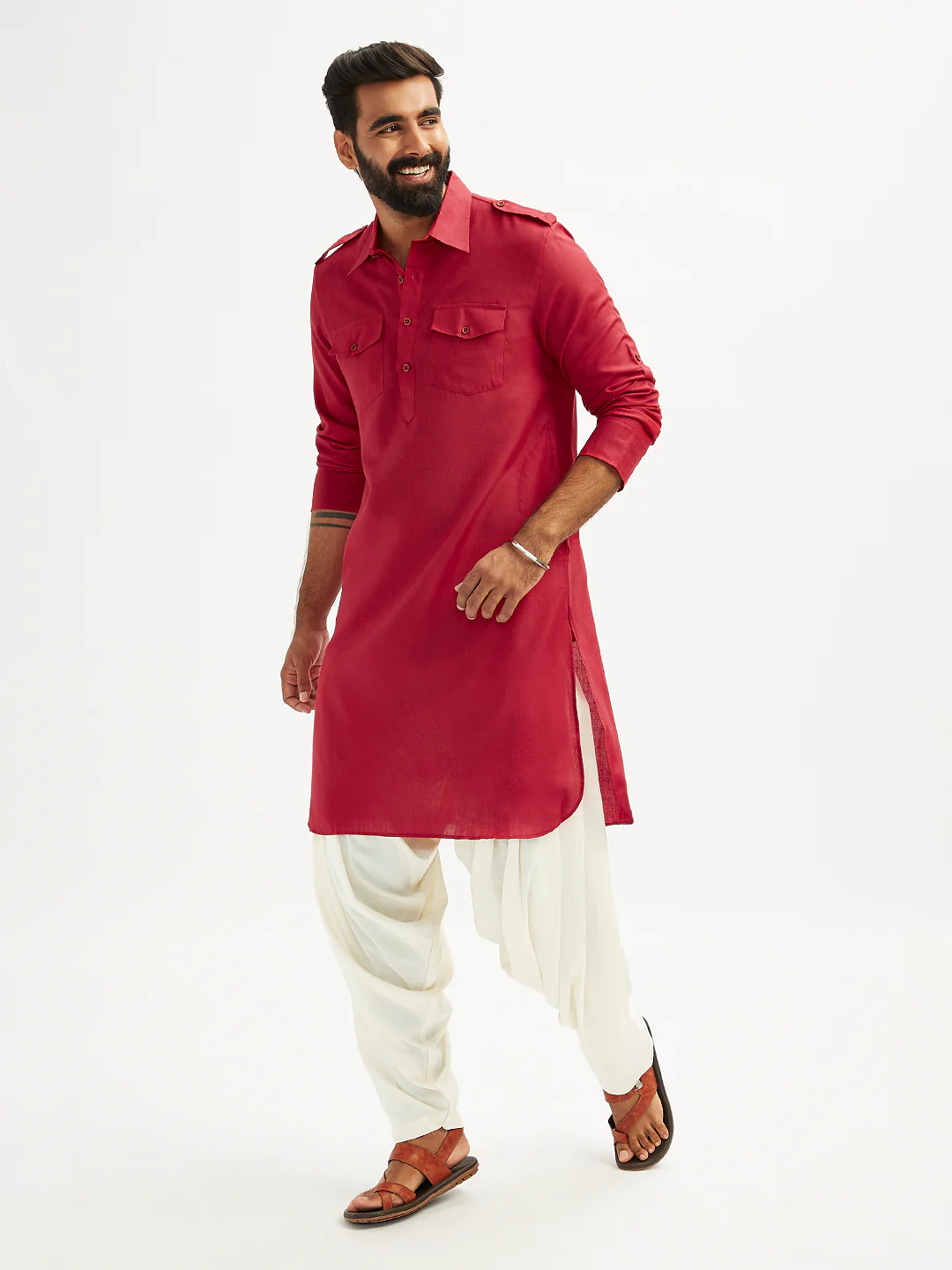 Men's Maroon And Cream Cotton Blend Pathani Kurta Set - Image 7