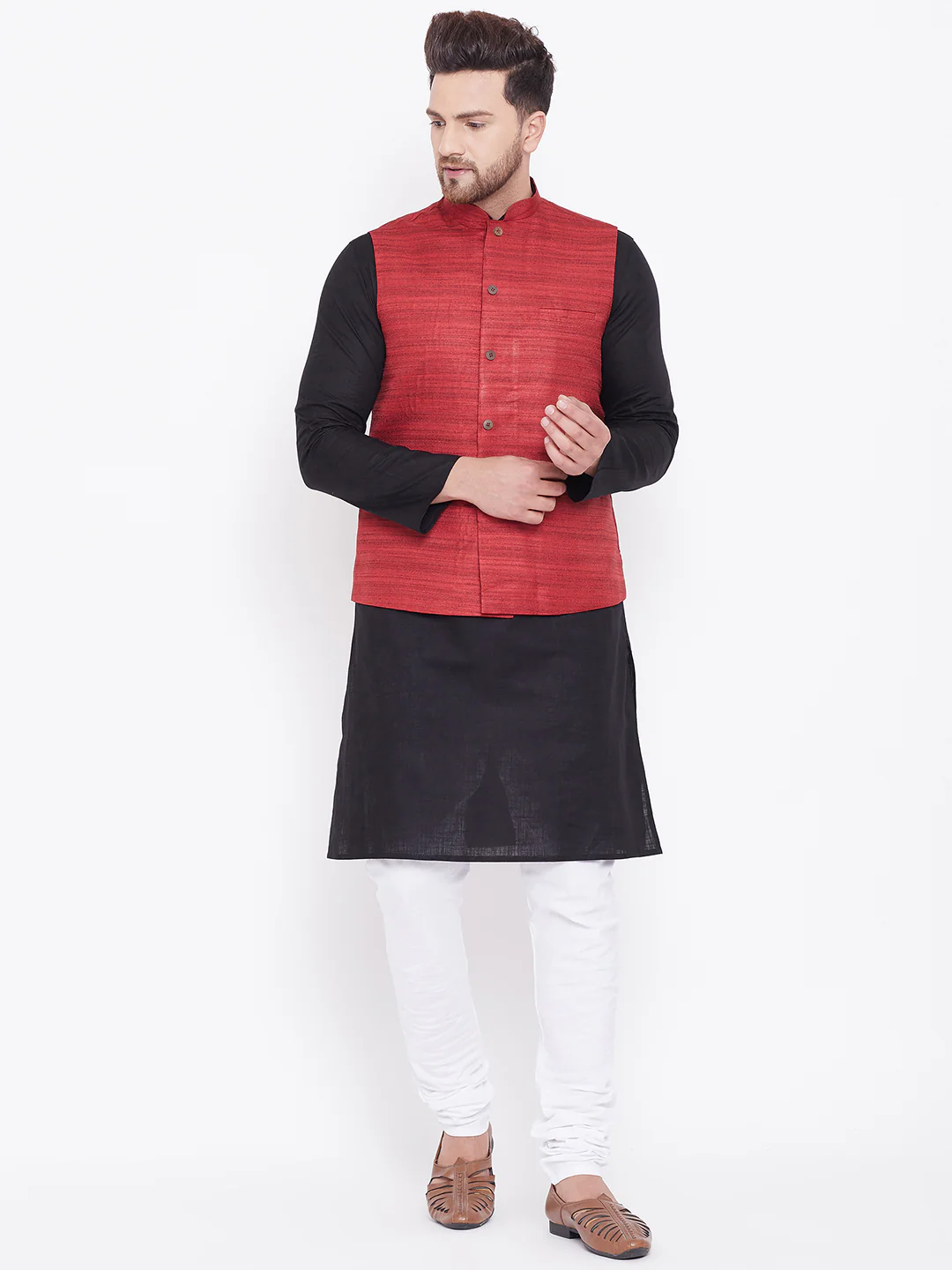 VASTRAMAY Men's Maroon, Black And White Cotton Blend Jacket, Kurta and Pyjama Set - Image 7