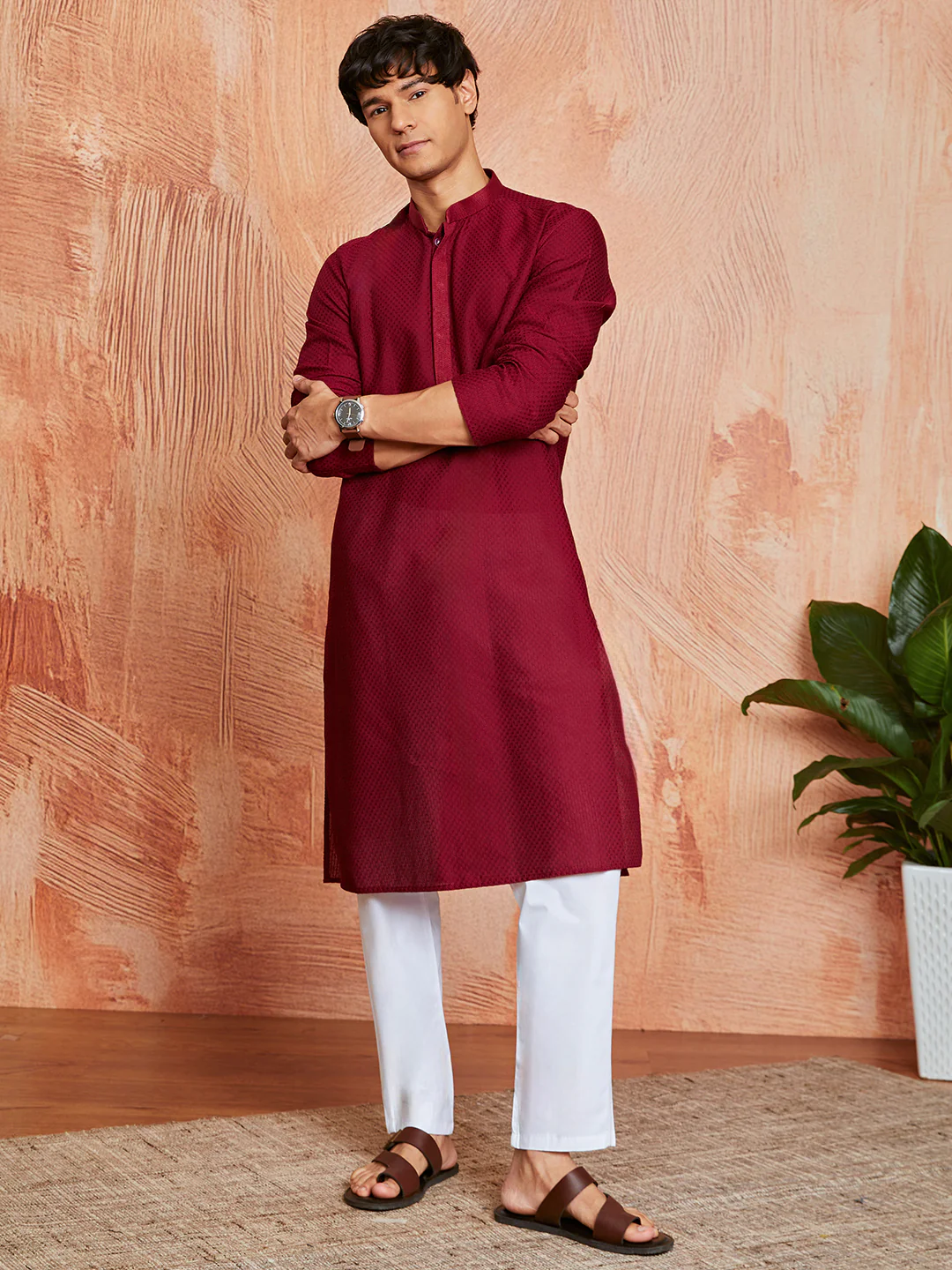 Men's Maroon Cotton Kurta - Image 4