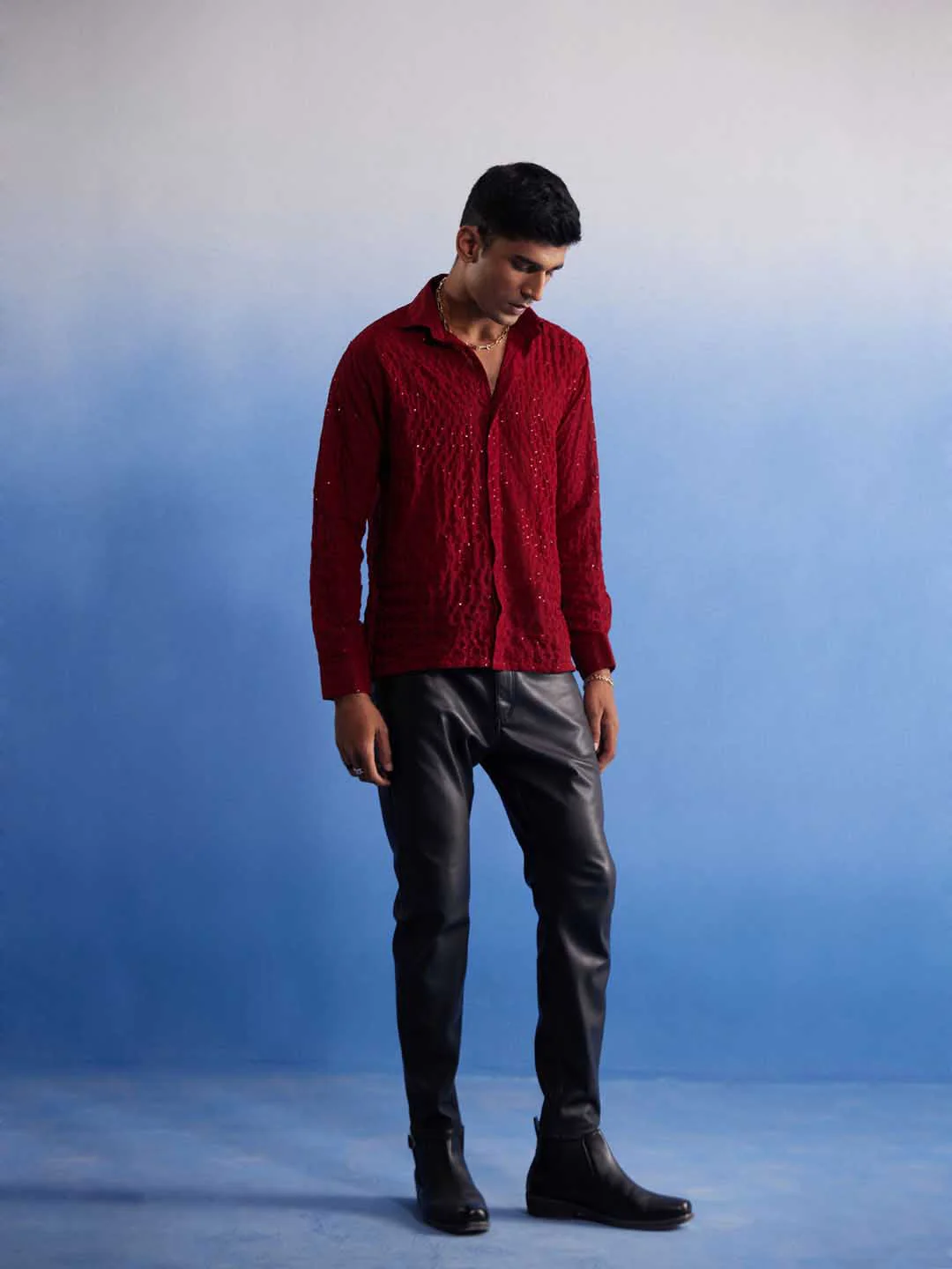 Men's Maroon Fancy Sequined Shirt - Image 6