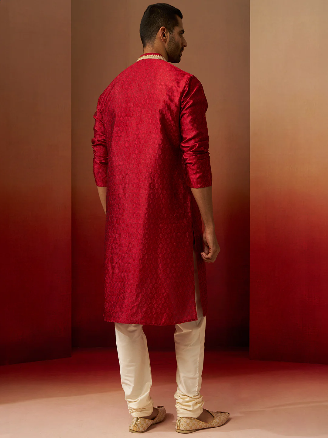 Men's Maroon Jacquard Kurta with Cream Churidar Set - Image 5