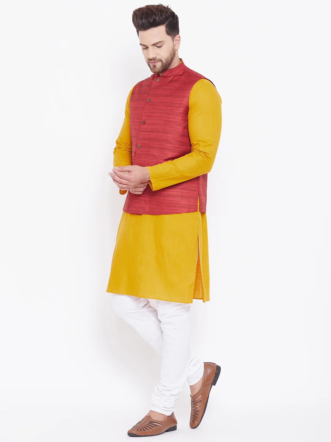 VASTRAMAY Men's Maroon, Mustard And White Cotton Blend Jacket, Kurta and Pyjama Set - Image 3