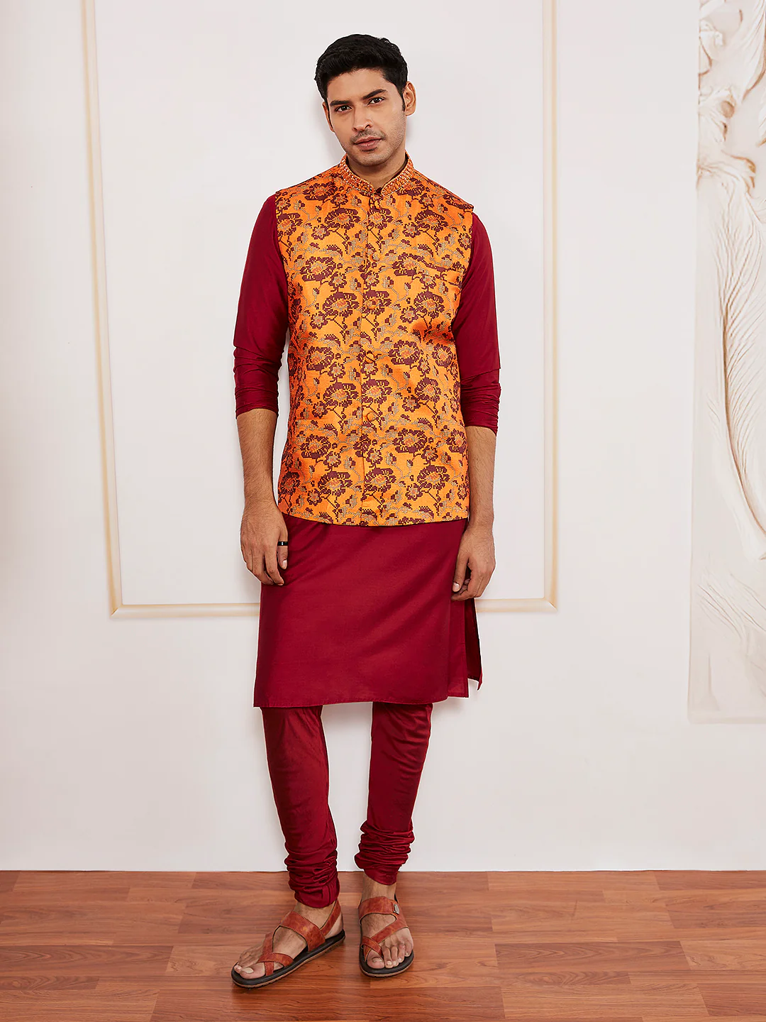 Men's Maroon Silk Blend Jacket,Kurta And Pyjama Set. - Image 2