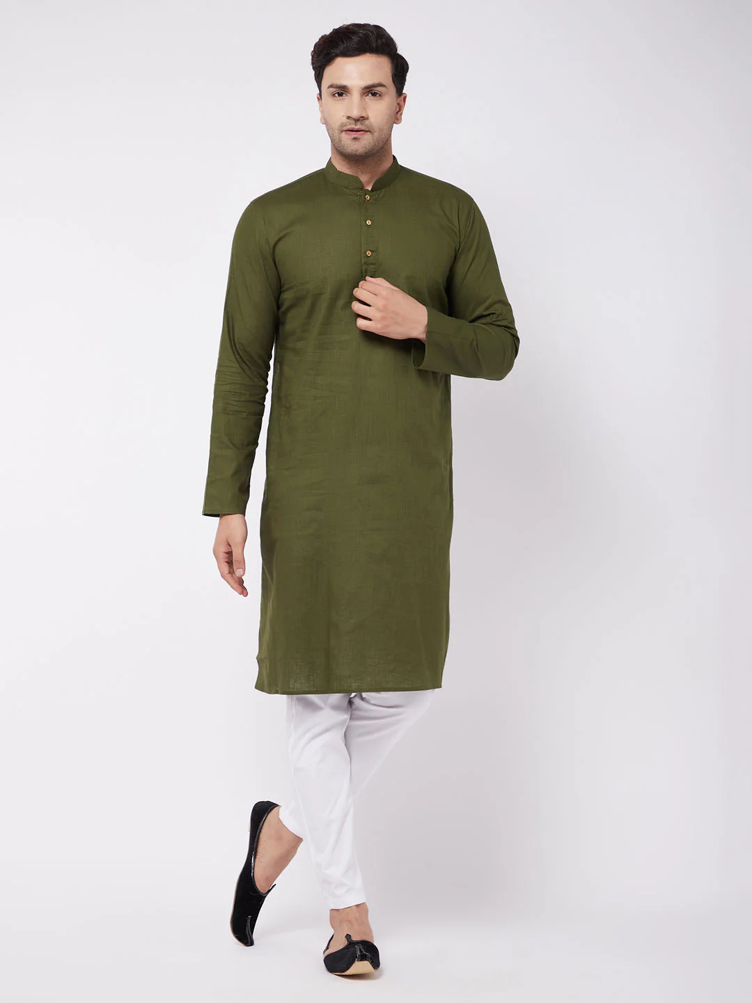 Men's Mehendi Green Solid Cotton Blend Kurta And White Cotton Pant Set