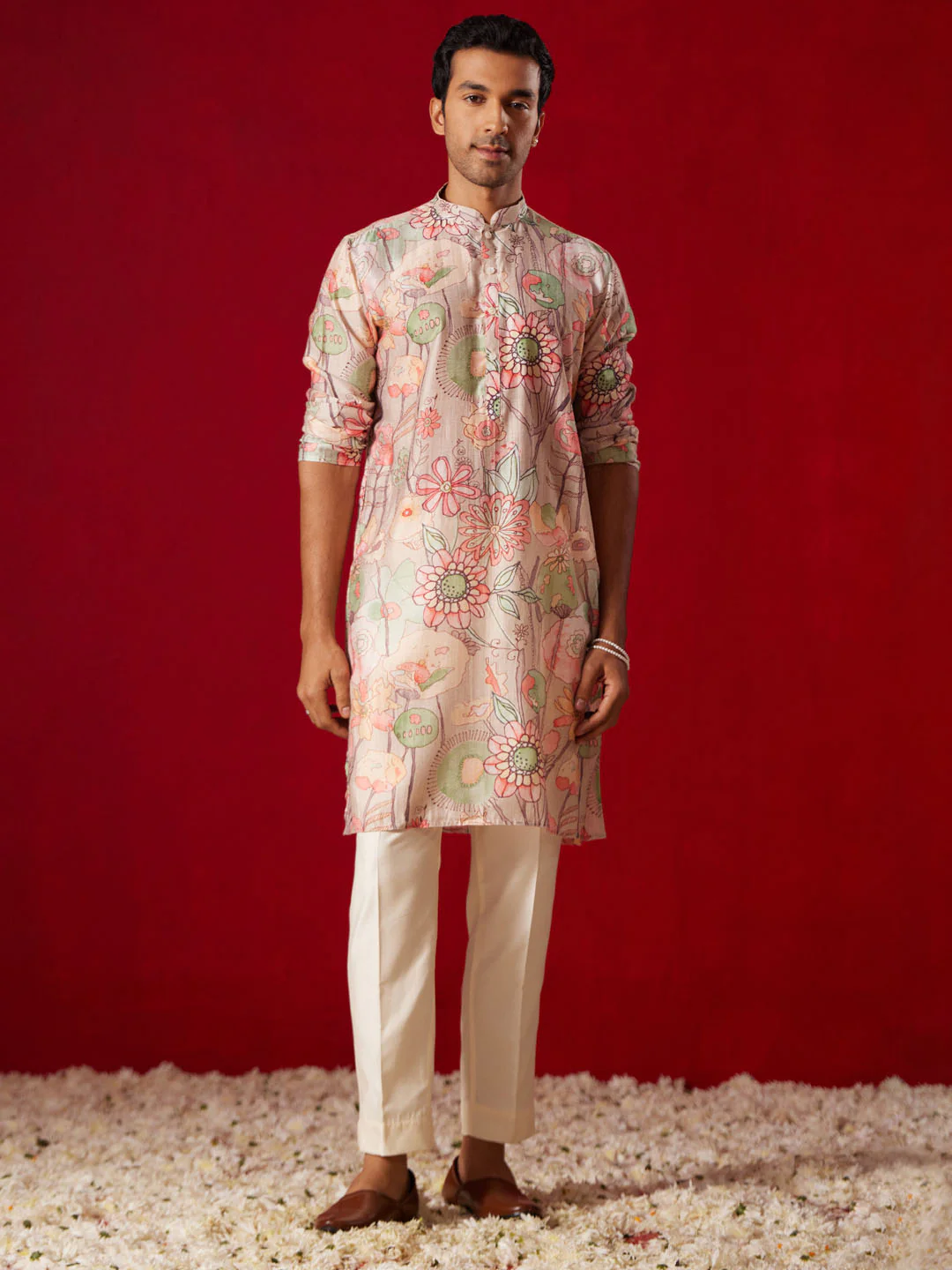 Men's Multi Color Base Cream Cotton Blend Kurta Pyjama Set - Image 2