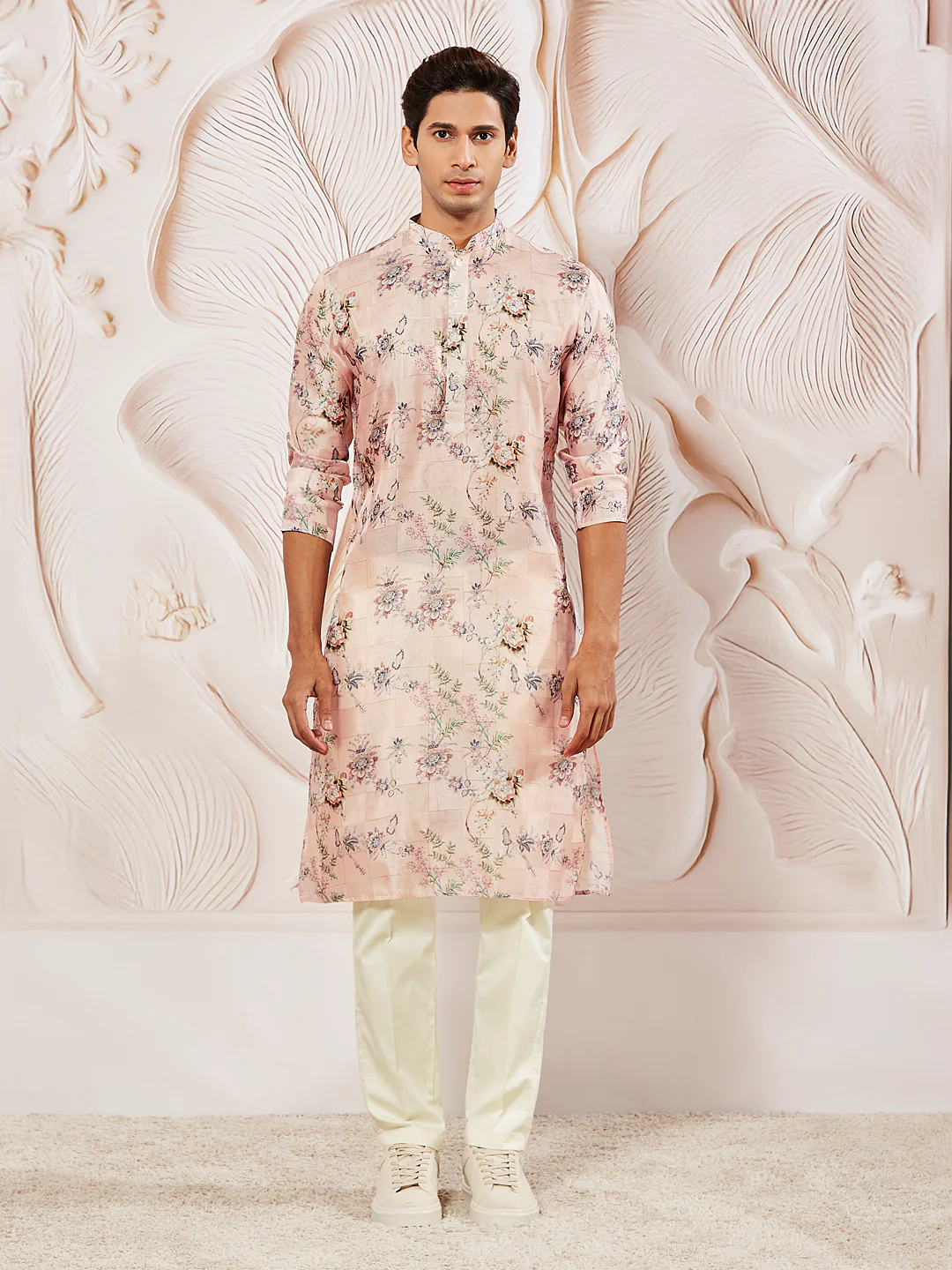 Men's Multicolor-Base-Peach Cotton Blend Kurta And Pyjama Set - Image 2