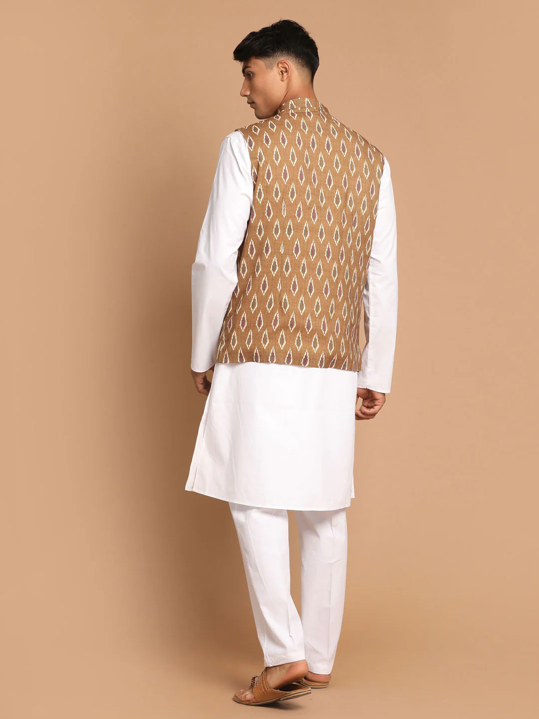 Men's Multicolour-Base-Green Cotton Nehru Jacket With White Cotton Pant - Image 3